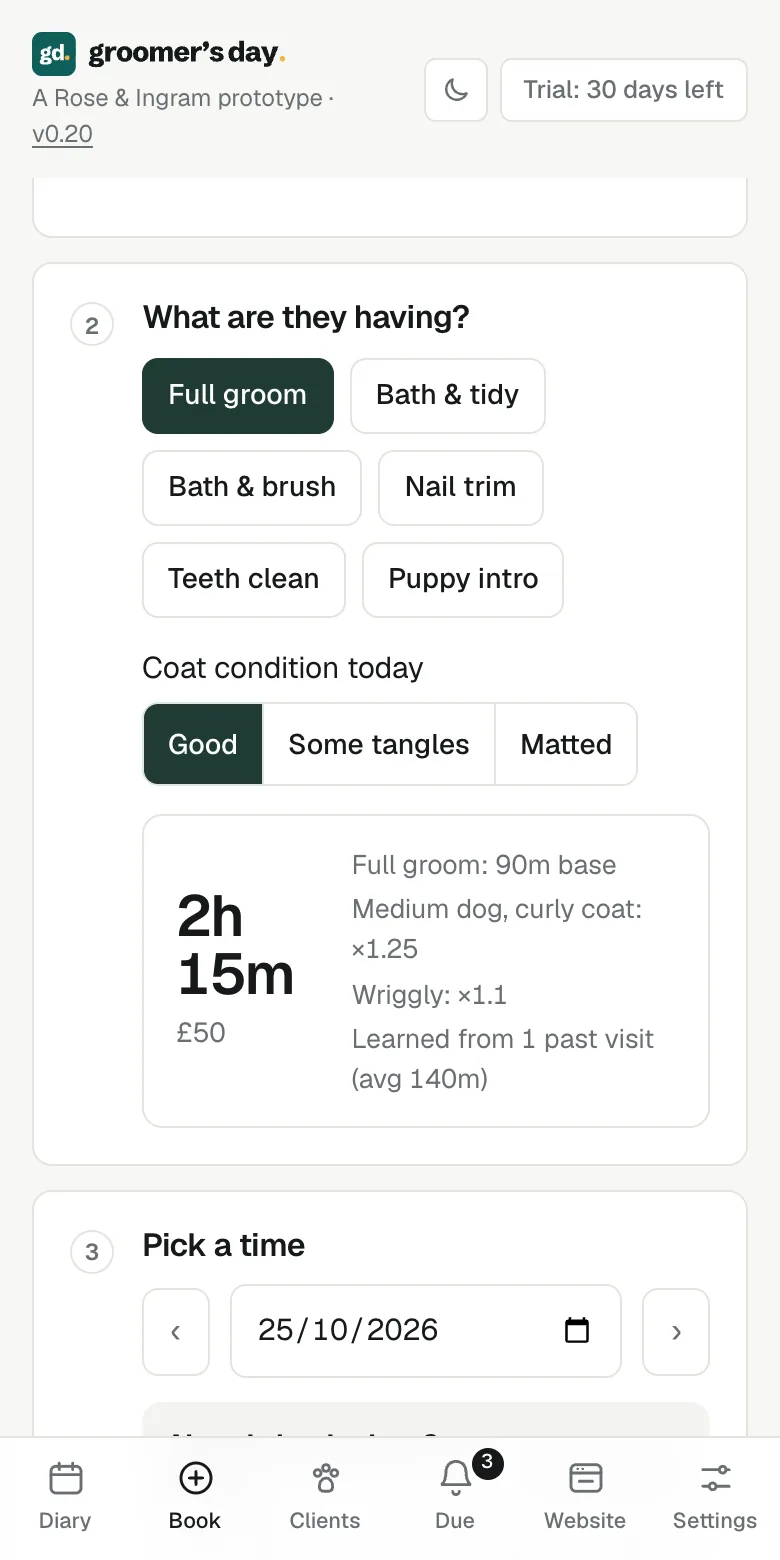 Booking a dog in, with an estimated time of 2 hours 15 minutes and the best-fit slot highlighted