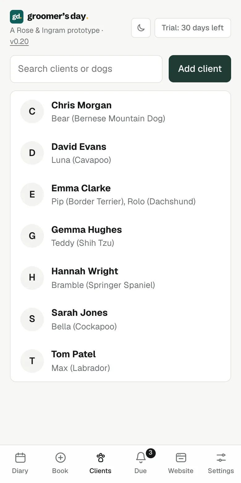 The client list, showing each owner, their dogs and phone number
