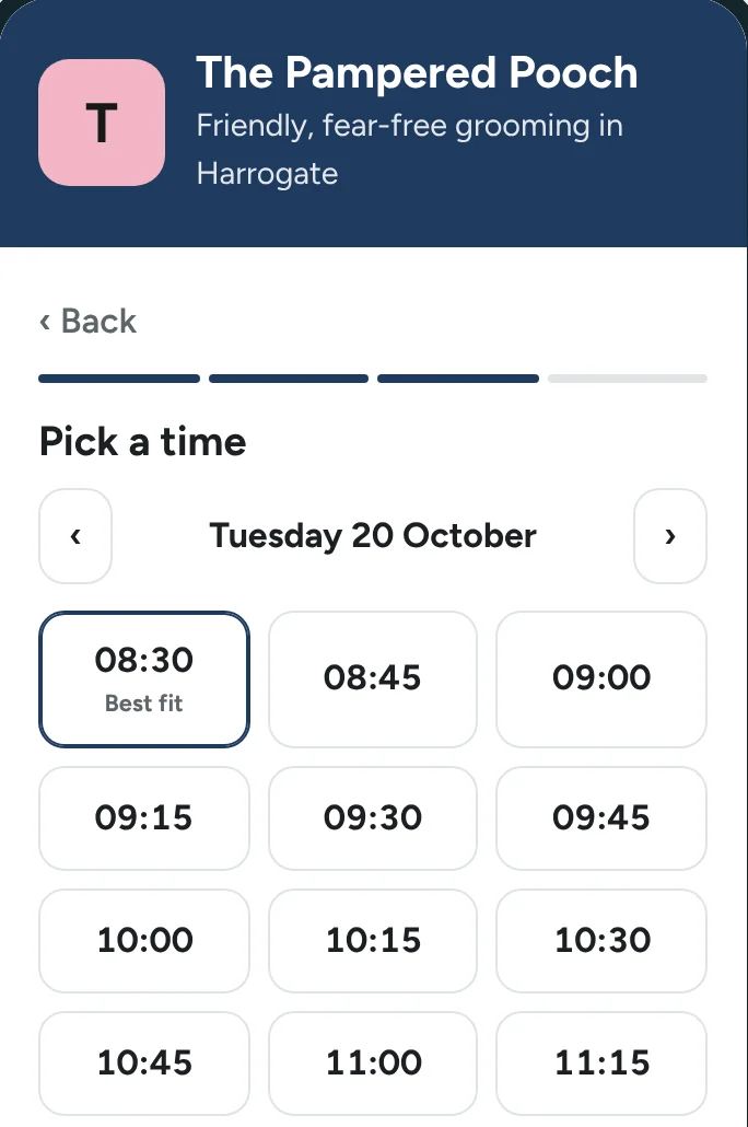 A salon’s booking page showing available times on Tuesday